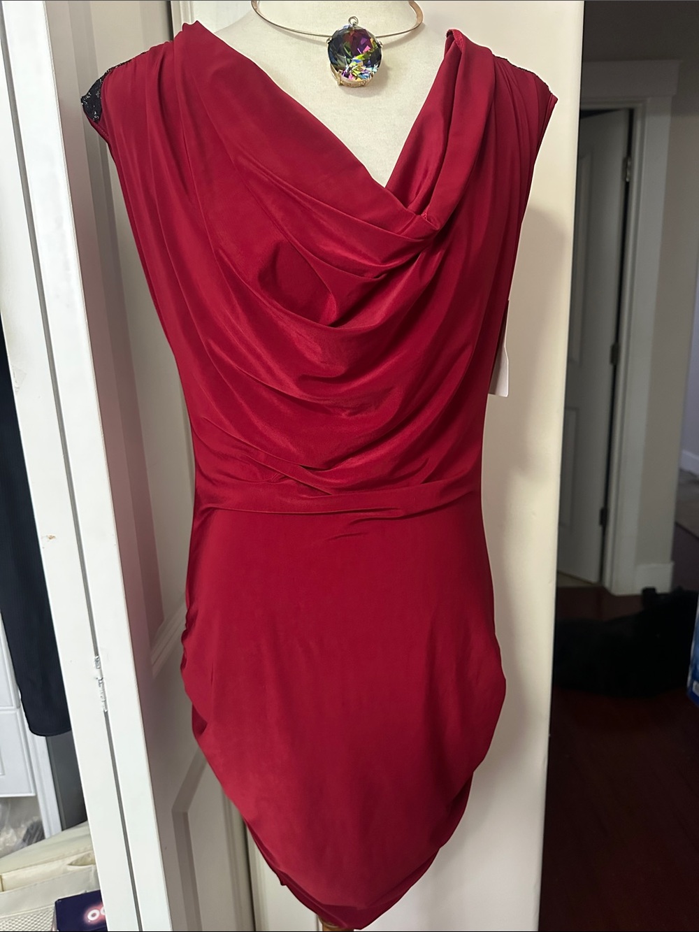 NWT Carpe Diem Red Cowl Neck Ruched Dress Sheer Black Lace V-Back XL